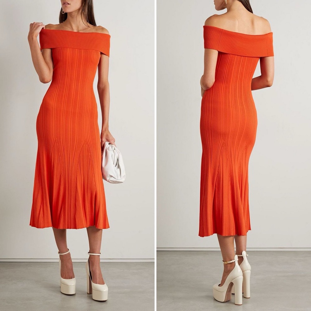 NWT Self-Portrait Off-The-Shoulder Ribbed-Knit Midi Dress Size Small - Picture 14 of 15